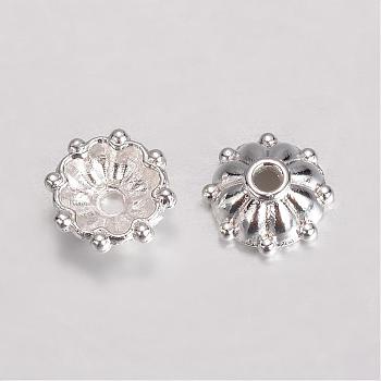 Alloy Fancy Bead Caps, Multi-Petal Flower, Silver Color Plated, 8x3mm, Hole: 1mm