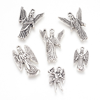 Tibetan Style Alloy Pendants, Angel, Antique Silver, 19.5~28x10~18x2~3mm, Hole: 1.5~2mm, 6pcs/set