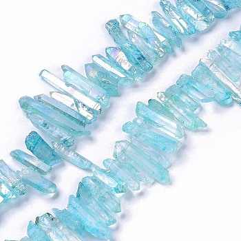 Electroplated Natural Crackle Quartz Crystal Dyed Beads Strands, AB Color, Chip, Light Sky Blue, 13~38x3~7x4~7mm, Hole: 1mm, about 67~70pcs/strand, 14.76~15.16''(37.5~38.5cm)