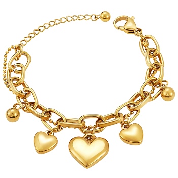 Titanium Steel Heart Charm Bracelets for Women, Multi-strand Bracelets, with Cable Chains & Ball Chains, Golden