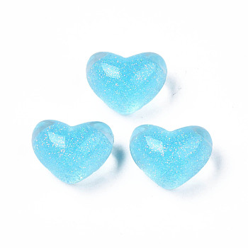 Translucent Acrylic Cabochons, with Glitter Powder, Heart, Sky Blue, 14x18x12mm