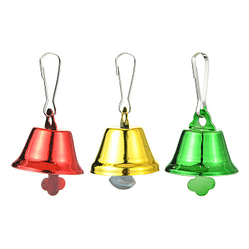 3Pcs 3 Colors Christmas Themed Iron Bell Pendant Decorations, Keychain Clasp Charms for Christmas Tree Decorations, Mixed Color, 50mm, 1pc/color