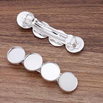 Iron Hair Barrette Findings, with Brass Flat Round Bezel Settings, Silver, 86x22mm, Tray: 20mm