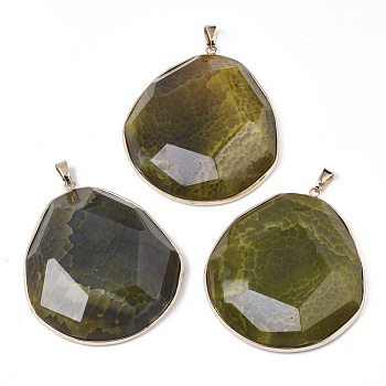 Natural Crackle Agate Big Pendants, with Light Gold Plated Brass Edge & Pinch Bails, Dyed & Heated, Oval, Faceted, Dark Khaki, 61~62x54~55x12~14mm, Hole: 4x7mm