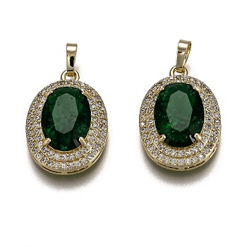 Golden Plated Brass Micro Pave Clear Cubic Zirconia Pendants, with Glass, with Snap on Bails, Long-Lasting Plated, Oval, Green, 22.5x16x7mm, Hole: 3x5mm