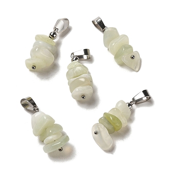Natural New Jade Chip Pendants, Lucky Charms with Stainless Steel Color Plated Stainless Steel Snap on Bails, 24~27x11~14x7~10mm, Hole: 7x4mm