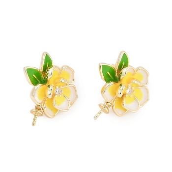 Brass Enamel Stud Earring Findings, for Half Drilled Beads, Flower, Golden, 18.5x18mm