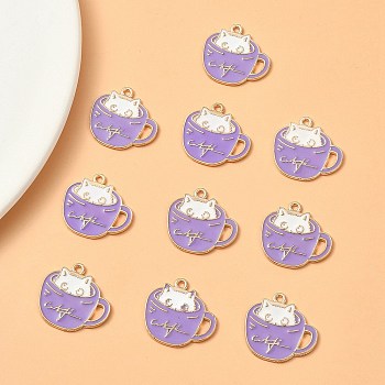 Alloy Enamel Pendants, Light Gold, Cup with Cat Charm, Lilac, 18.5x20x1mm, Hole: 1.5mm
