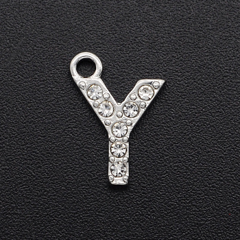 Alloy Rhinestone Charms, Platinum, Crystal, Letter, Letter.Y, 12.5x9x2mm, Hole: 1.5mm