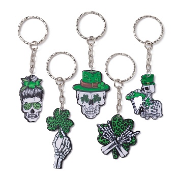 Saint Patrick's Day Printed Acrylic Pendants Keychain, with Iron Split Key Rings, Skull, Platinum, 8.8~9.7cm