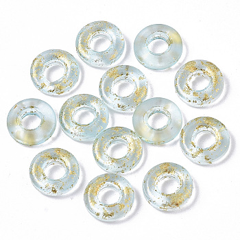 Transparent Spray Painted Glass European Beads, Large Hole Beads
, with Golden Foil, Donut, Pale Turquoise, 11x3mm, Hole: 4mm