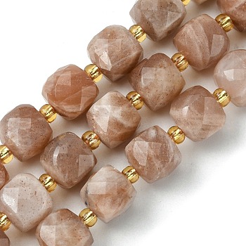 Natural Sunstone Beads Strands, with Seed Beads, Faceted Cube, 8~9x8~9x8~9mm, Hole: 0.9~1mm, about 35~39pcs/strand, 14.80''~15.16''(37.6~38.5cm)