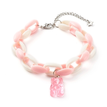 Resin Bear Charm Bracelets, with Acrylic Cable Chains and Alloy Lobster Claw Clasps, Platinum, Pearl Pink, Inner Diameter: 2 inch(5cm)