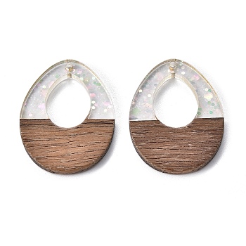 Epoxy Resin & Walnut Wood Pendants, with Paillette/Sequin, Teardrop, Lavender, 37x28x3mm, Hole: 2mm