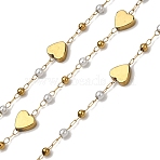 Handmade 304 Stainless Steel ABS Plastic Pearl Heart Link Chains, with Non-magnetic Hematite, Soldered, with 316 Stainless Steel Cable Chains & Spool, Ion Plating(IP), Real 18K Gold Plated, Beads: 6x6x2mm & 2~2.5mm(CHS-L032-10G-02)