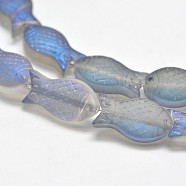 Frosted Electroplate Glass Fish Beads Strands, Rainbow Plated, Light Sea Green, 15x8x5mm, Hole: 1mm, about 30pcs/strand, 16 inch(X-EGLA-M001-D04)