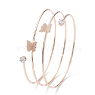 Ion Plating(IP) 304 Stainless Steel Triple Loops Wire Wrap Bangle, Butterfly Clear Cubic Zirconia Cuff Bangle, Rose Gold, Inner Diameter: 2-1/2 inch(6.25cm)(BJEW-K227-01RG)