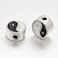 Feng Shui Antigue Silver Plated Alloy Enamel Beads, Flat Round with Yin Yang, Black & White, 7.5x4mm, Hole: 1mm(ENAM-J049-02AS)