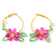 Woven Glass Leaf Huggie Hoop Earring, with Iron Findings, Flower, Fuchsia, 44x36x9mm(EJEW-MZ00235-04)