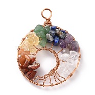 Natural Gmestone Copper Wire Big Pendants, Natural Amethyst & Green Aventurine & Citrine & Lapis Lazuli & Red Jasper & Red Aventurine & Quartz Crystal, Mixed Dyed and Undyed, Flat Round with Tree, Champagne Gold, 54x42x10.5mm, Hole: 5.5mm(PALLOY-JF01435-02)