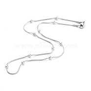 304 Stainless Steel Round Snake Chain Necklaces, with Round Beads and Lobster Claw Clasps, Stainless Steel Color, 16.53 inch(42cm), 1.3mm(STAS-G244-88B-P)