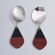 Ear Studs, with 304 Stainless Steel Findings, Brass Findings and Resin & Wood Pendants, teardrop, Black, 51~55mm, Pin: 0.7mm(EJEW-JE03110-01)