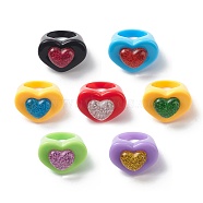 3D Resin Heart Finger Ring, Acrylic Wide Ring for Women Girl, Mixed Color, US Size 7 1/4(17.5mm)(RJEW-JR00538-04)