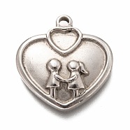 Valentine's Day 304 Stainless Steel Pendant Cabochon Settings for Enamel, Heart with Lover, Antique Silver, 23x22x4mm, Hole: 1.8mm(STAS-H126-32AS)