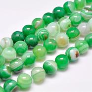 Natural Striped Agate/Banded Agate Bead Strands, Dyed & Heated, Round, Grade A, Spring Green, 10mm, Hole: 1mm, about 39pcs/strand, 15.2 inch(387mm)(G-G962-10mm-02)