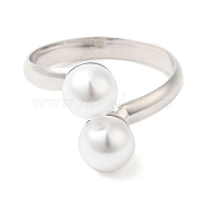 Rack Plating Brass Open Cuff Rings with Round Plastic Pearl Beads for Women, Lead Free & Cadmium Free, Long-Lasting Plated, Platinum, US Size 8 1/2, 3~13.5mm, Inner Diameter: 18.5mm(RJEW-Q770-26P)