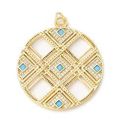 Rack Plating Brass Micro Pave Clear & Cyan Cubic Zirconia Pendants, Cadmium Free & Nickel Free & Lead Free, Long-Lasting Plated, Flat Round with Hollow Rhombus, Real 18K Gold Plated, 34x29.5x2mm, Hole: 3.3mm(X-KK-D073-14G)