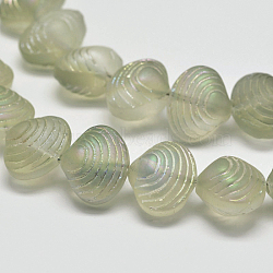 Frosted Electroplate Glass Shell Beads Strands, Rainbow Plated, Lemon Chiffon, 12x14.5x10mm, Hole: 1mm, about 32pcs/strand, 16 inch(EGLA-M002-B06)