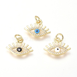 Brass Clear Micro Pave Cubic Zirconia Pendants, with Mixed Color Enamel, Evil Eye, Golden, 11x15x2mm, Hole: 3mm(KK-G374-22G)