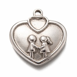 Valentine's Day 304 Stainless Steel Pendant Cabochon Settings for Enamel, Heart with Lover, Antique Silver, 23x22x4mm, Hole: 1.8mm(STAS-H126-32AS)