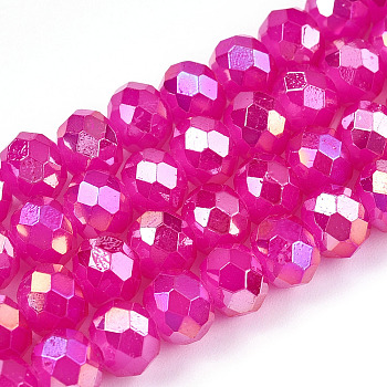 Baking Painted Glass Beads Strands, Imitation Jade, Faceted, AB Color Plated, Rondelle, Fuchsia, 6x5mm, Hole: 1mm, about 84~88pcs/strand, 16.73~17.32 inch(42.5~44cm)