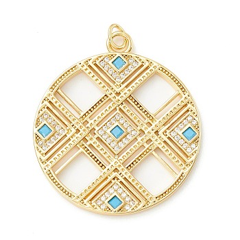 Rack Plating Brass Micro Pave Clear & Cyan Cubic Zirconia Pendants, Cadmium Free & Nickel Free & Lead Free, Long-Lasting Plated, Flat Round with Hollow Rhombus, Real 18K Gold Plated, 34x29.5x2mm, Hole: 3.3mm