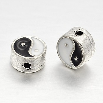 Feng Shui Antigue Silver Plated Alloy Enamel Beads, Flat Round with Yin Yang, Black & White, 7.5x4mm, Hole: 1mm