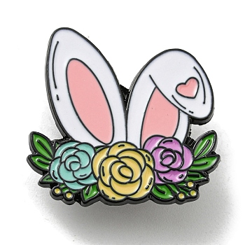 Easter Rabbit Egg Flower Enamel Pins, Lovely Bunny Badge, Black Alloy Brooch for Backpack Clothes, Flower, 28x29x1.5mm