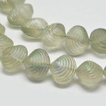 Frosted Electroplate Glass Shell Beads Strands, Rainbow Plated, Lemon Chiffon, 12x14.5x10mm, Hole: 1mm, about 32pcs/strand, 16 inch
