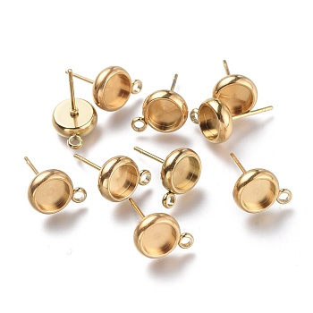 Ion Plating(IP) 304 Stainless Steel Stud Earring Settings, with Loop, Flat Round, Golden, Flat Round: 11x8.3mm, Hole: 1.6mm, Pin: 0.8mm, Tray: 6mm