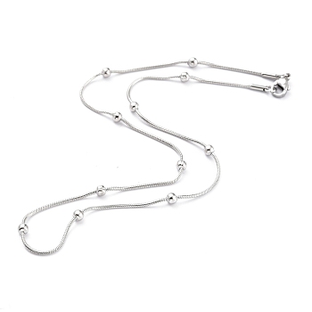 304 Stainless Steel Round Snake Chain Necklaces, with Round Beads and Lobster Claw Clasps, Stainless Steel Color, 16.53 inch(42cm), 1.3mm