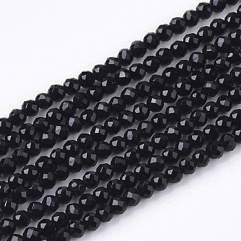 Electroplate  Opaque Solid Color Glass Beads Strands, Faceted, Round, Black, 2x2x2mm, Hole: 0.5mm, about 198pcs/strand, 14.57 inch(37cm) 
