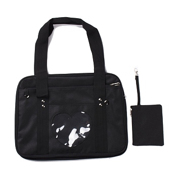 Nylon Shoulder Bags, Rectangle Women Handbags, with Zipper Lock & Heart Clear PVC Windows, Black, 36x26x13cm