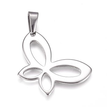 304 Stainless Steel Pendants, Butterfly, Stainless Steel Color, 35x23.5x1.5mm, Hole: 10x4.5mm