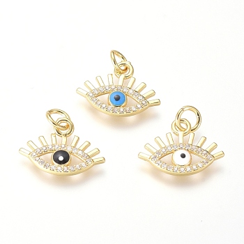 Brass Clear Micro Pave Cubic Zirconia Pendants, with Mixed Color Enamel, Evil Eye, Golden, 11x15x2mm, Hole: 3mm
