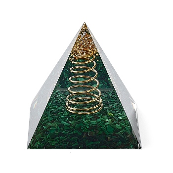 Orgonite Pyramid Resin Energy Generators, Reiki Synthetic Malachite Chips & Metal Spiral Inside for Home Office Desk Decoration, 59.5x59.5x59.5mm