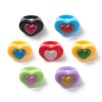 3D Resin Heart Finger Ring, Acrylic Wide Ring for Women Girl, Mixed Color, US Size 7 1/4(17.5mm)