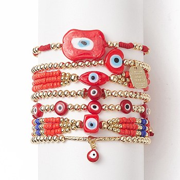 7Pcs 7 Style Evil Eye Lampwork & Glass Seed & Brass Beaded Stretch Bracelets Set for Women, Alloy Word Charms Stackable Bracelets for Women, Red, Inner Diameter: 2~3-1/2 inch(5.2~8.8cm), 1Pc/style