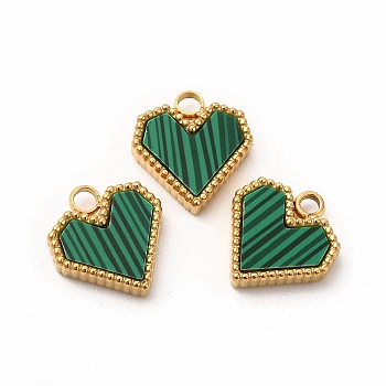 Synthetic Malachite Dyed Heart Charms, with Vacuum Plating 304 Stainless Steel Findings, Golden, 12x11x3mm, Hole: 2mm