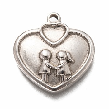 Valentine's Day 304 Stainless Steel Pendant Cabochon Settings for Enamel, Heart with Lover, Antique Silver, 23x22x4mm, Hole: 1.8mm